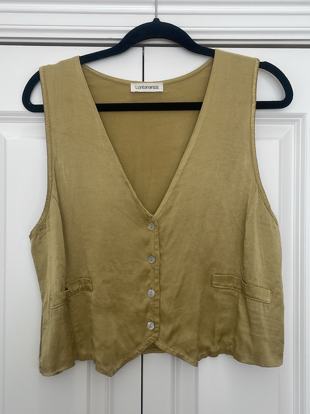 Olive Button-Front Sleeveless V-Neck Top